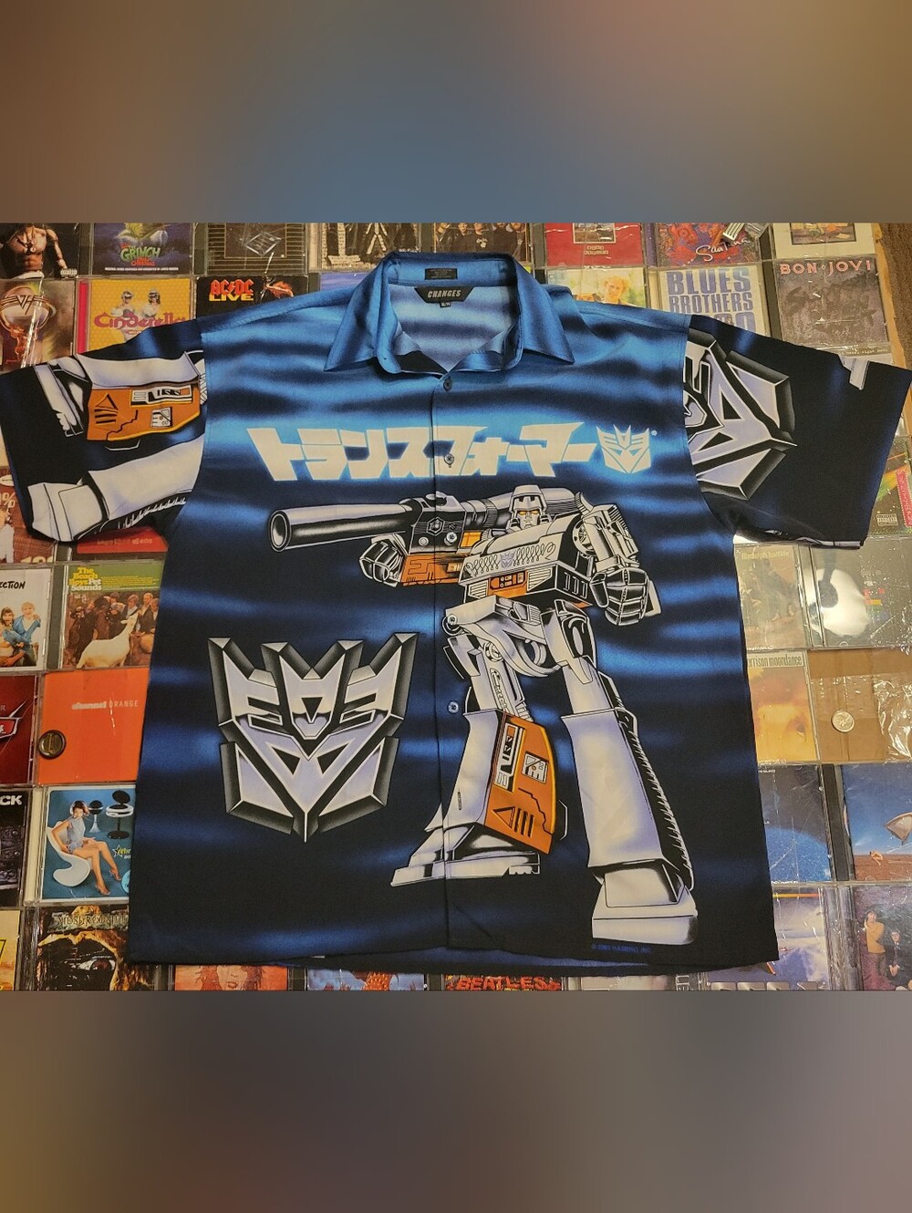 2001 Men’s Blue Megatron Transformers Hasbor Graphic Button-Up Shirt